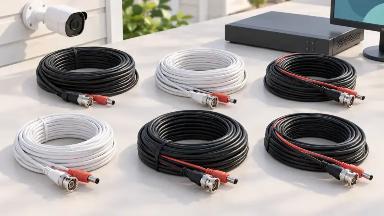 Concept illustration of coiled security camera cables with video and power connectors.