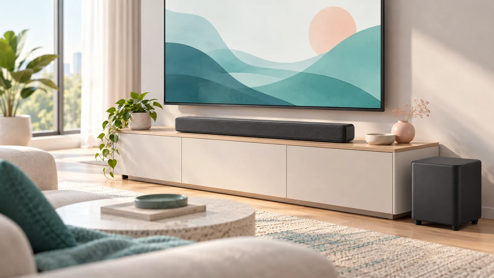 Concept illustration of a compact soundbar beneath a television in a small living room.
