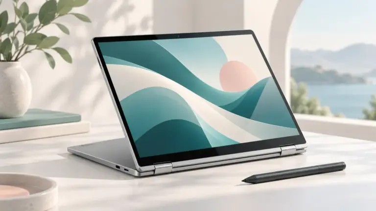 Concept illustration of an unbranded convertible touch-screen laptop shown partly folded with a stylus.
