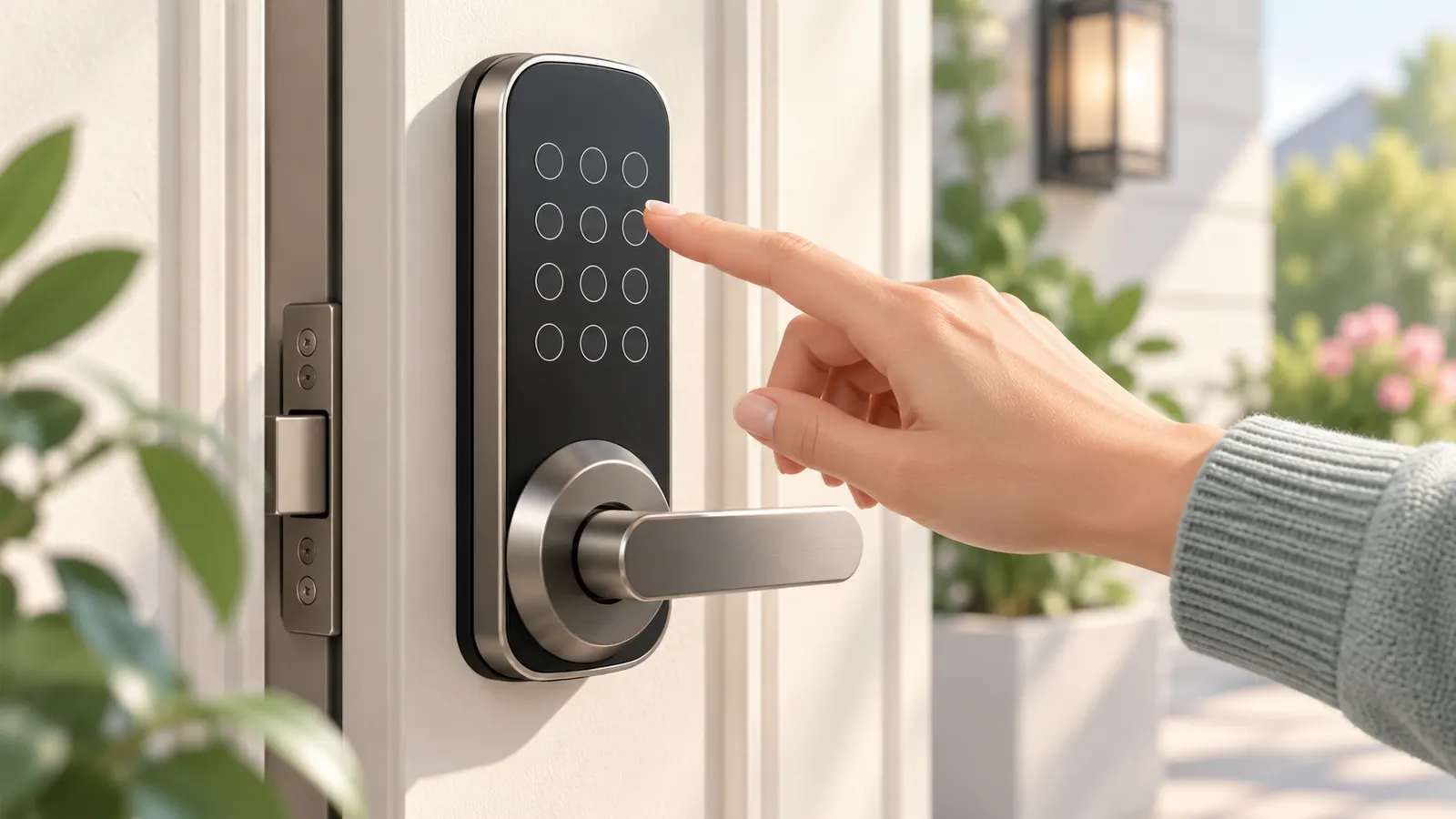 Concept illustration of a keypad smart door lock being unlocked at a home entrance.
