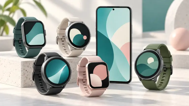 Concept illustration of unbranded smartwatches beside a smartphone.