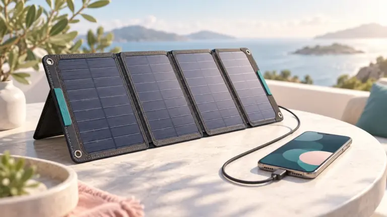 Concept illustration of a foldable solar charging panel beside a smartphone on an outdoor table.