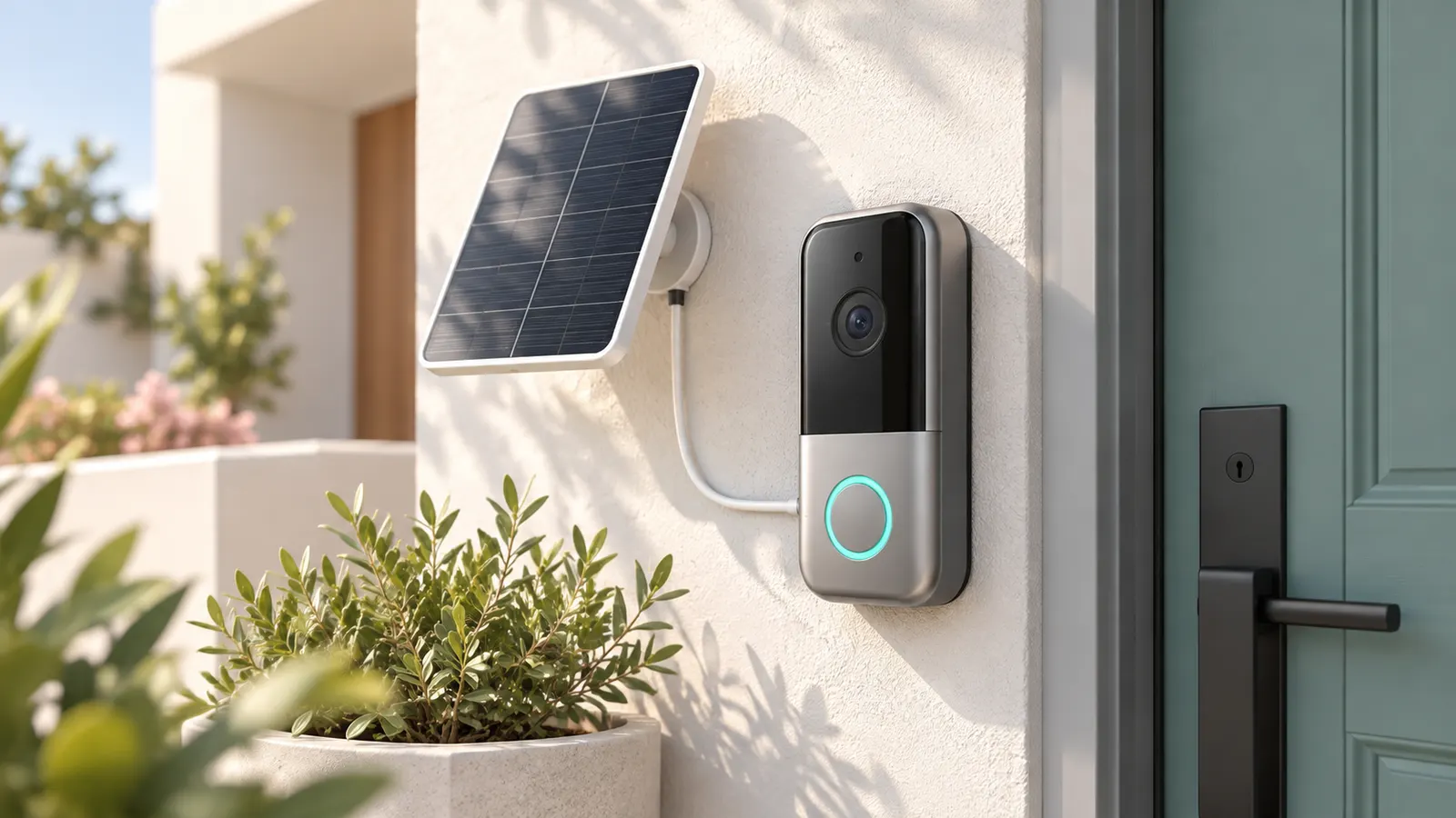Concept illustration of a video doorbell connected to a small solar panel.