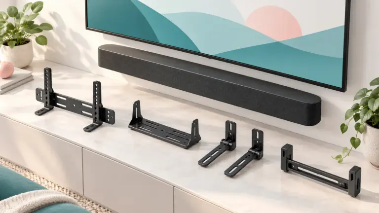 Concept illustration of a soundbar with several wall and television mounting brackets.