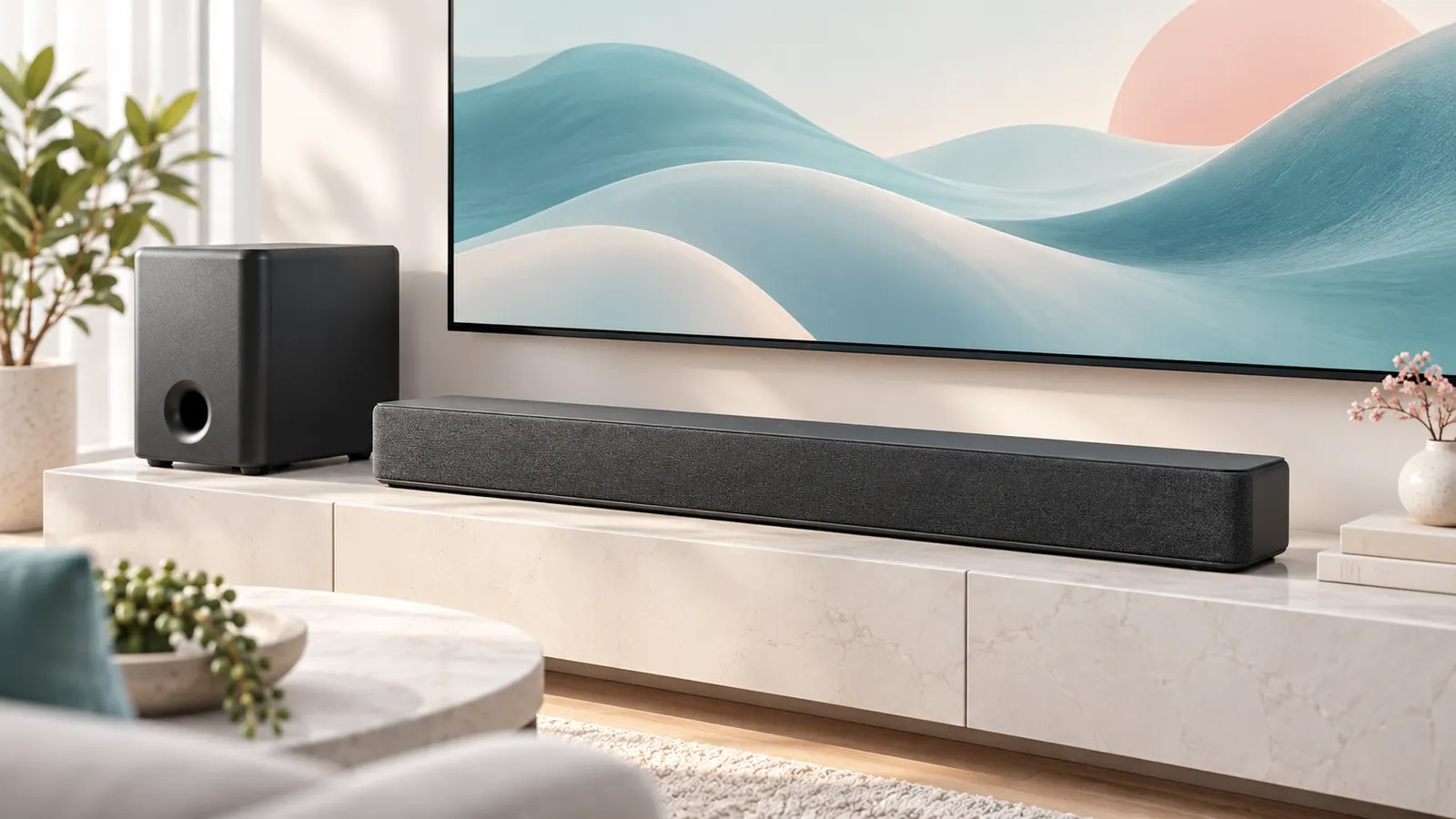 Concept illustration of a compact soundbar and subwoofer beside a television cabinet.