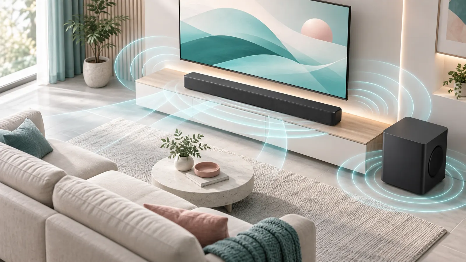 Concept illustration of a television soundbar and subwoofer with stylized sound waves.