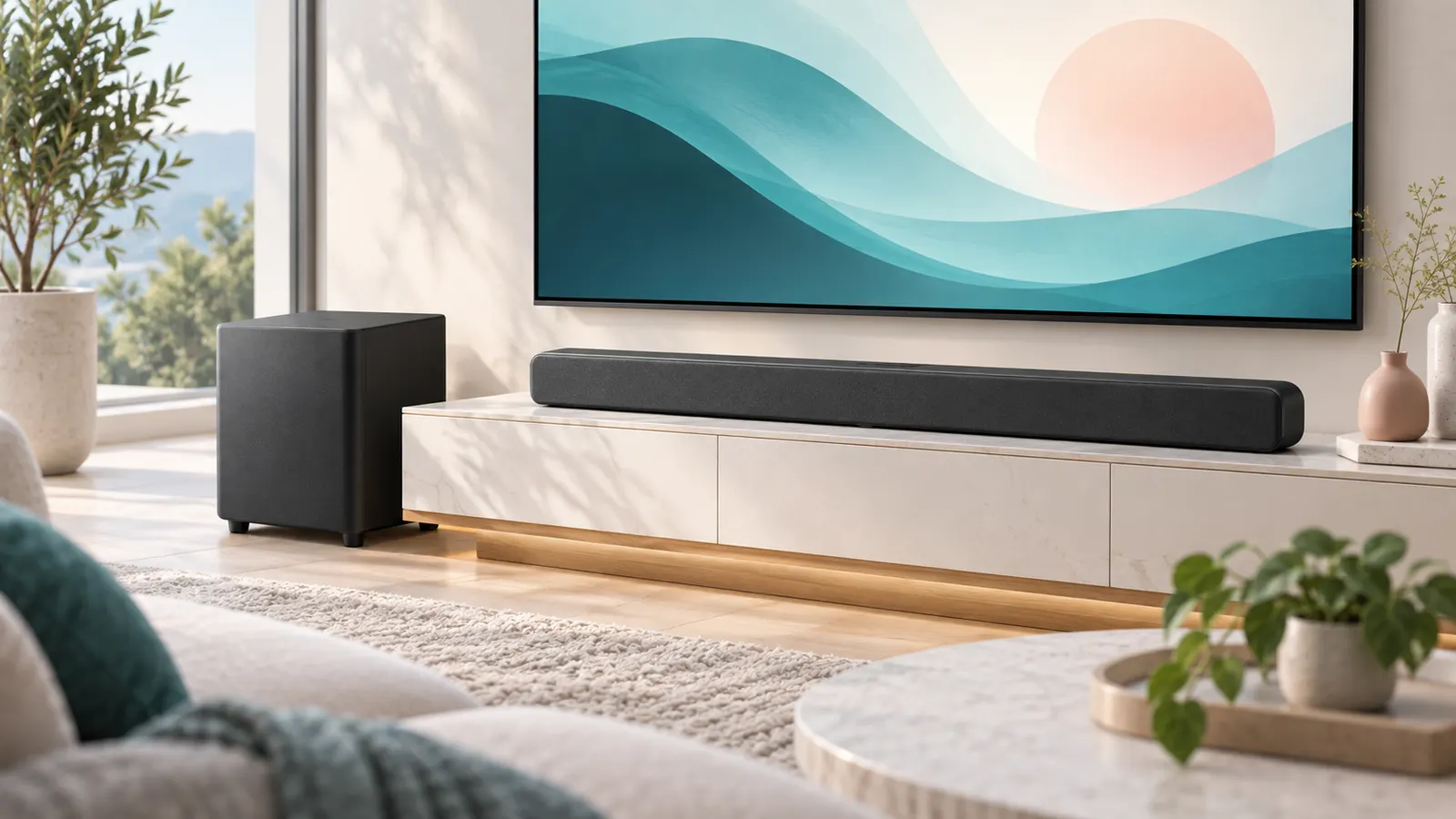 Concept illustration of a soundbar and separate subwoofer beneath a living-room television.