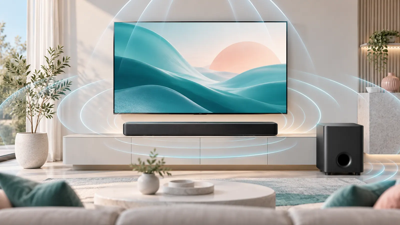 Concept illustration of a soundbar and subwoofer with stylized sound waves around a television.