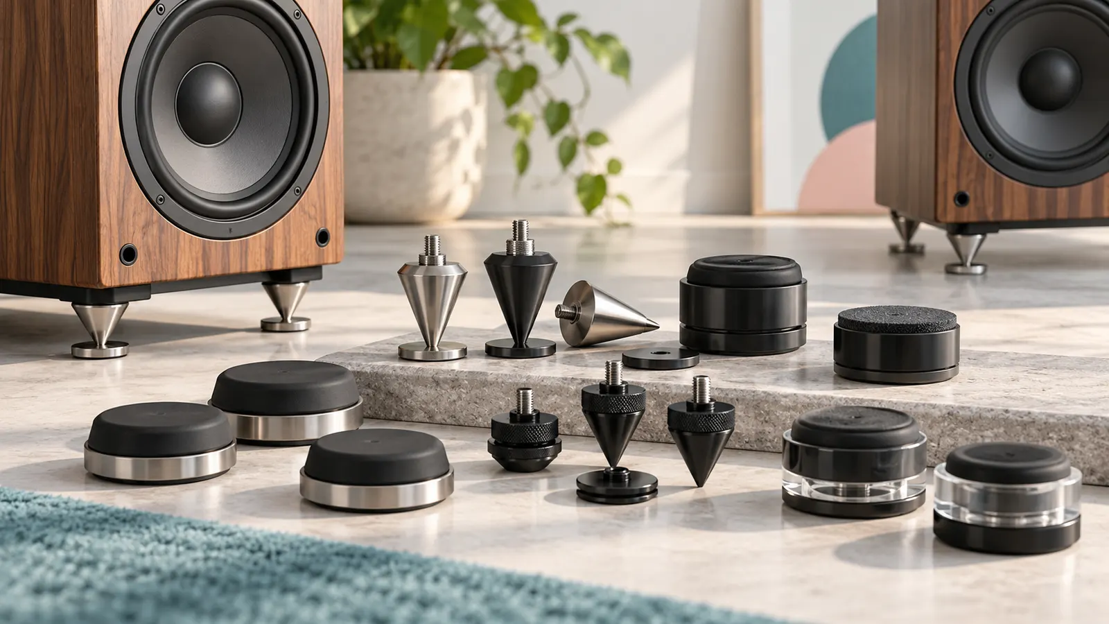 Concept illustration of speaker spikes and isolation feet beside bookshelf speakers.