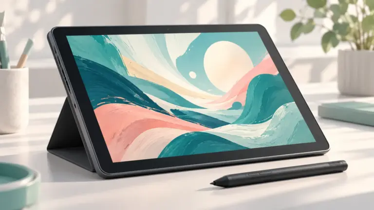 Concept illustration of a standalone drawing tablet on a kickstand with a stylus and abstract artwork.