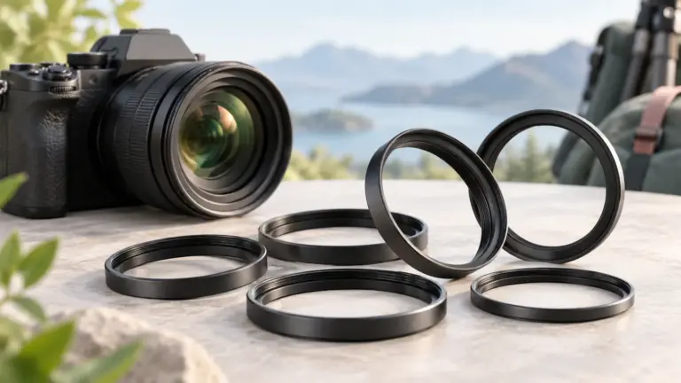 Concept illustration of metal camera lens adapter rings beside a camera and lens.