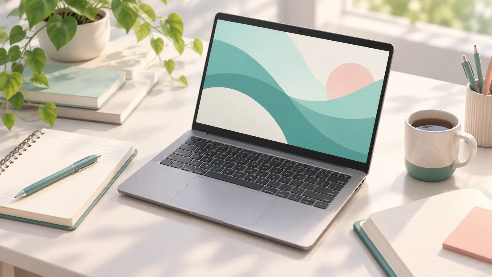 Concept illustration of an unbranded student laptop beside notebooks and neutral study materials.