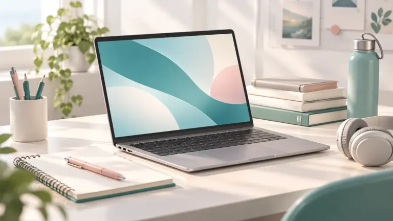 Concept illustration of a student laptop beside headphones, books and a notebook.
