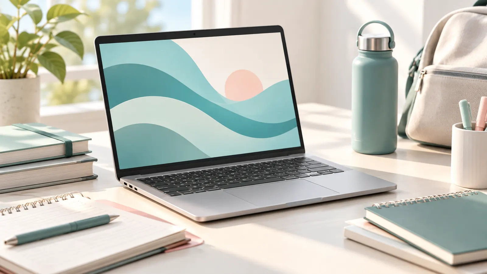 Concept illustration of an unbranded student laptop beside notebooks and neutral study materials.