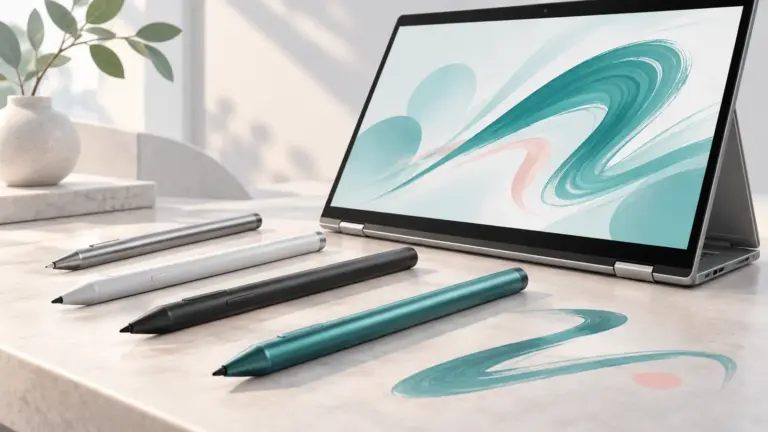 Concept illustration of digital stylus pens beside a touch-screen laptop with abstract pen strokes.
