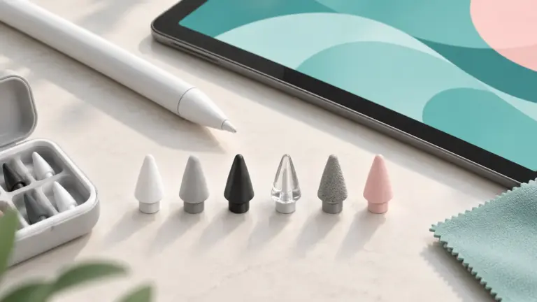 Concept illustration of replacement stylus tips beside a digital pen and tablet.