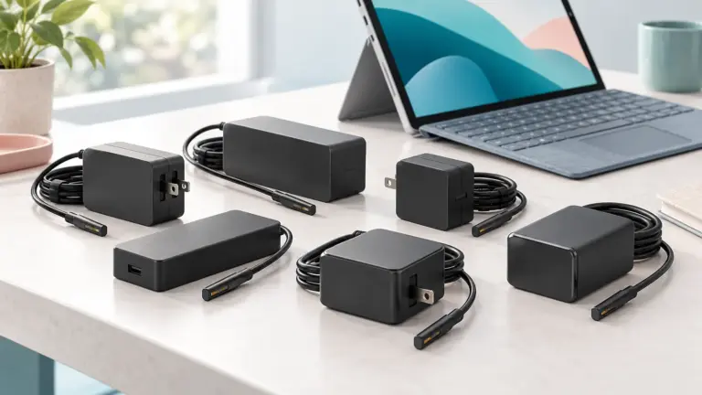 Concept illustration of laptop power adapters and charging cables beside a tablet computer.