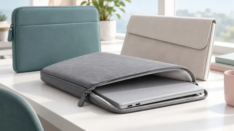 Concept illustration of protective laptop sleeves, including an open zipped sleeve holding a laptop.