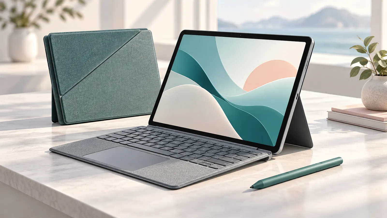 Concept illustration of an unbranded tablet with a detachable keyboard and protective folio case.