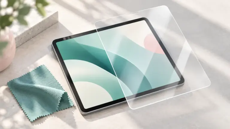Concept illustration of a tablet screen protector sheet, cleaning cloth and unbranded tablet.