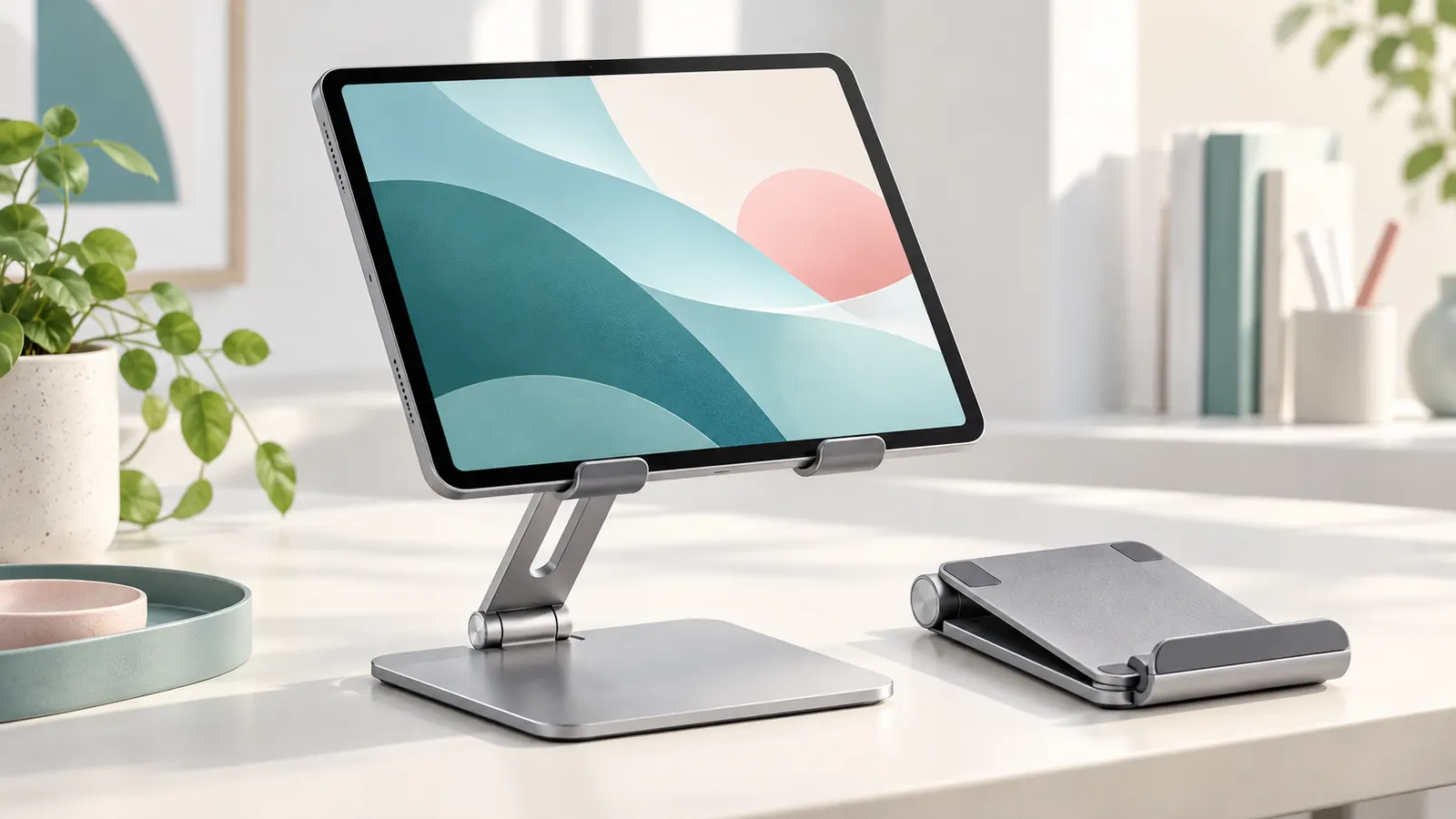 Concept illustration of a tablet on an adjustable stand beside a second folded holder.