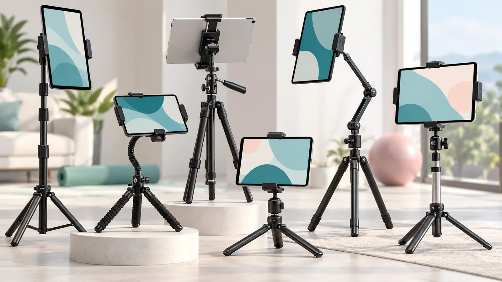 Concept illustration of tablets secured to adjustable tripod mounts and stands.