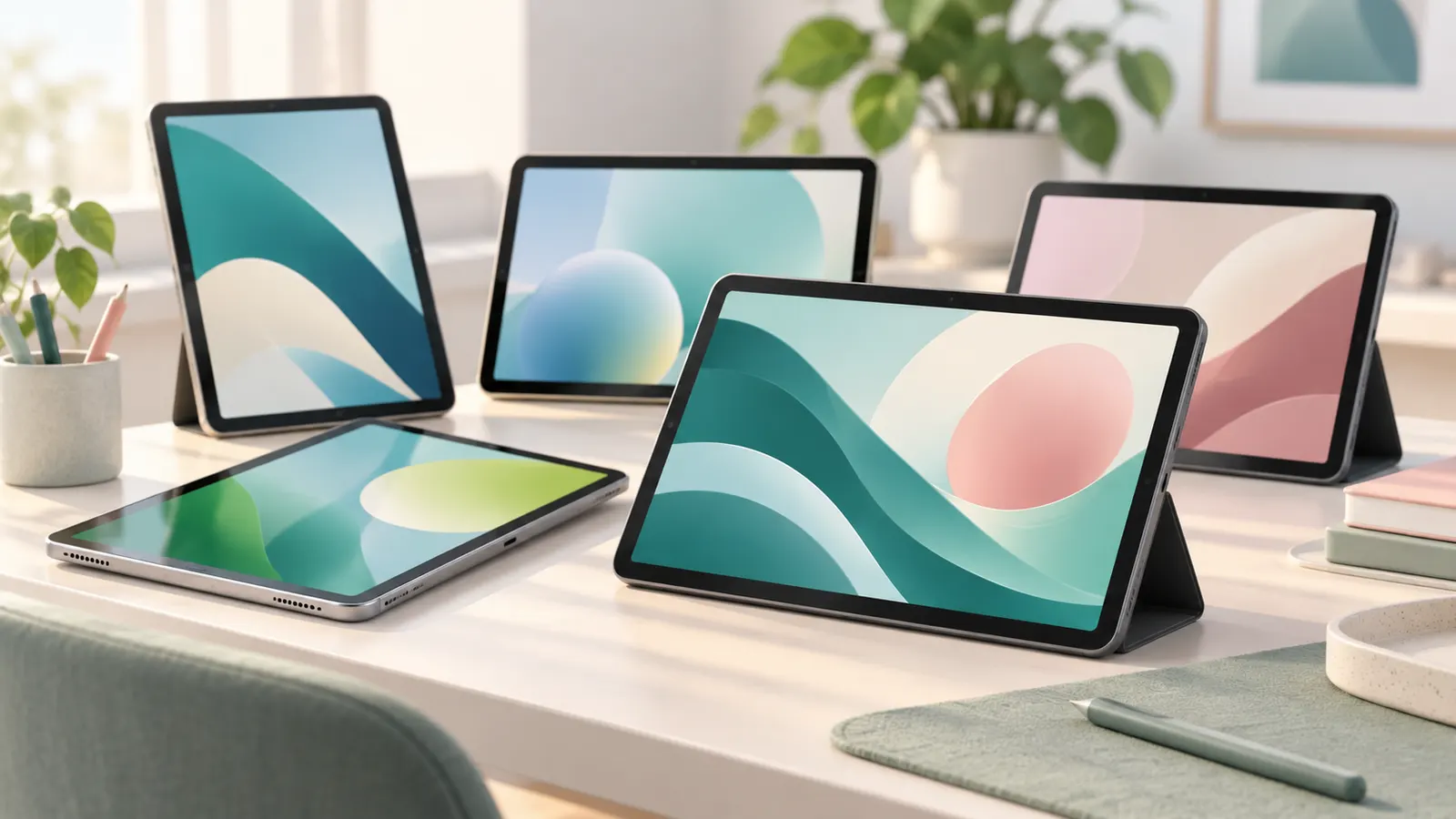 Concept illustration of unbranded tablets in a tidy everyday workspace.
