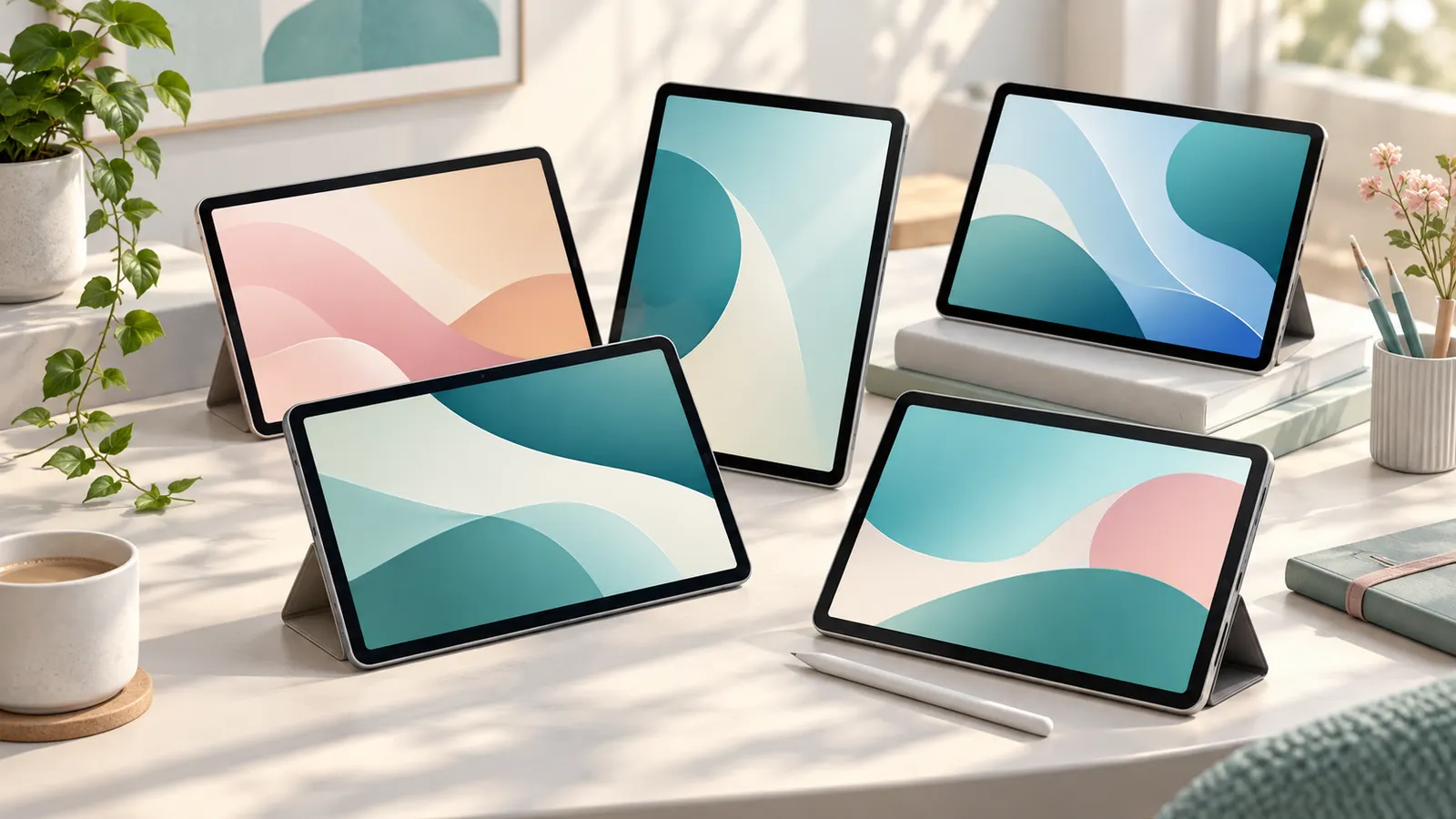 Concept illustration of unbranded tablets in a tidy everyday workspace.