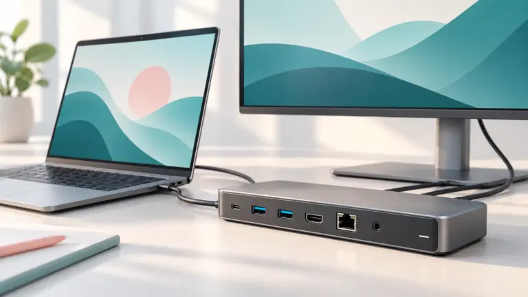 Concept illustration of a docking station connected to a laptop and an external monitor.