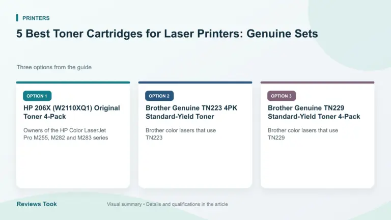 Comparison of three options: HP 206X (W2110XQ1) Original Toner 4-Pack; Brother Genuine TN223 4PK Standard-Yield Toner; Brother Genuine TN229 Standard-Yield Toner 4-Pack.