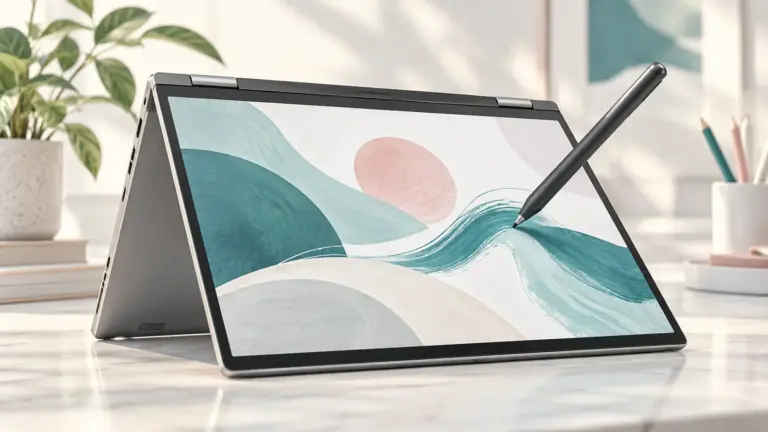 Concept illustration of a convertible touch-screen laptop in drawing mode with a stylus and abstract artwork.