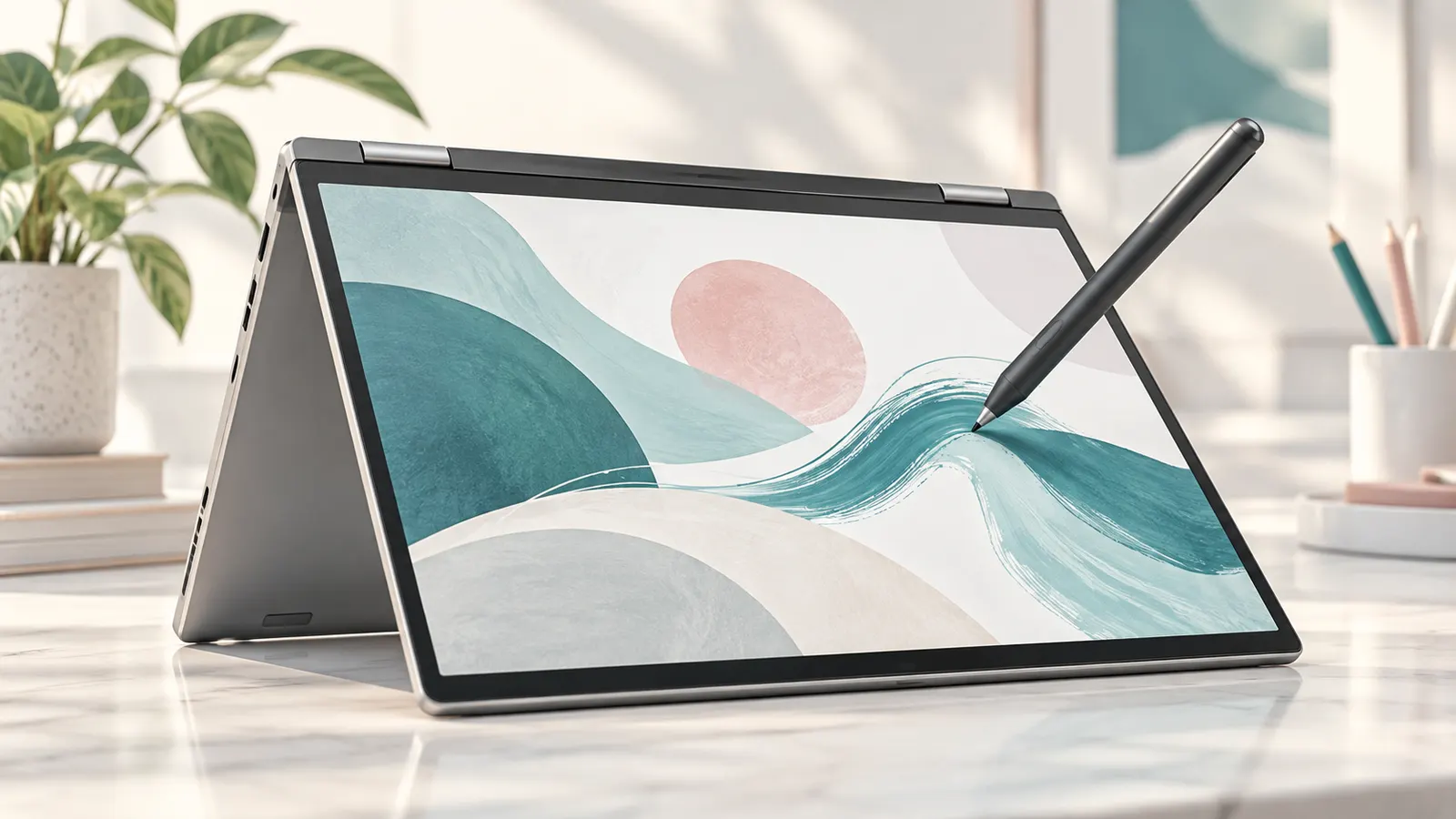Concept illustration of a convertible touch-screen laptop in drawing mode with a stylus and abstract artwork.