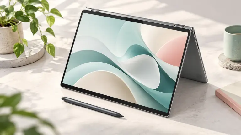 Concept illustration of an unbranded convertible touch-screen laptop shown partly folded with a stylus.