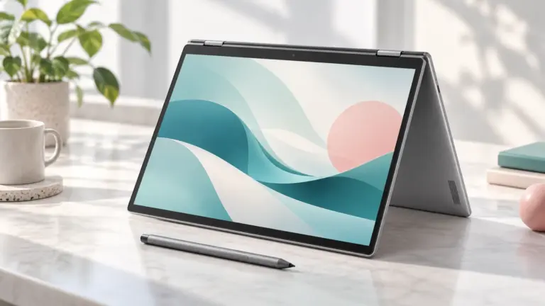 Concept illustration of an unbranded convertible touch-screen laptop shown partly folded with a stylus.