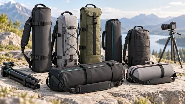 Concept illustration of padded tripod carrying bags beside a folded tripod outdoors.