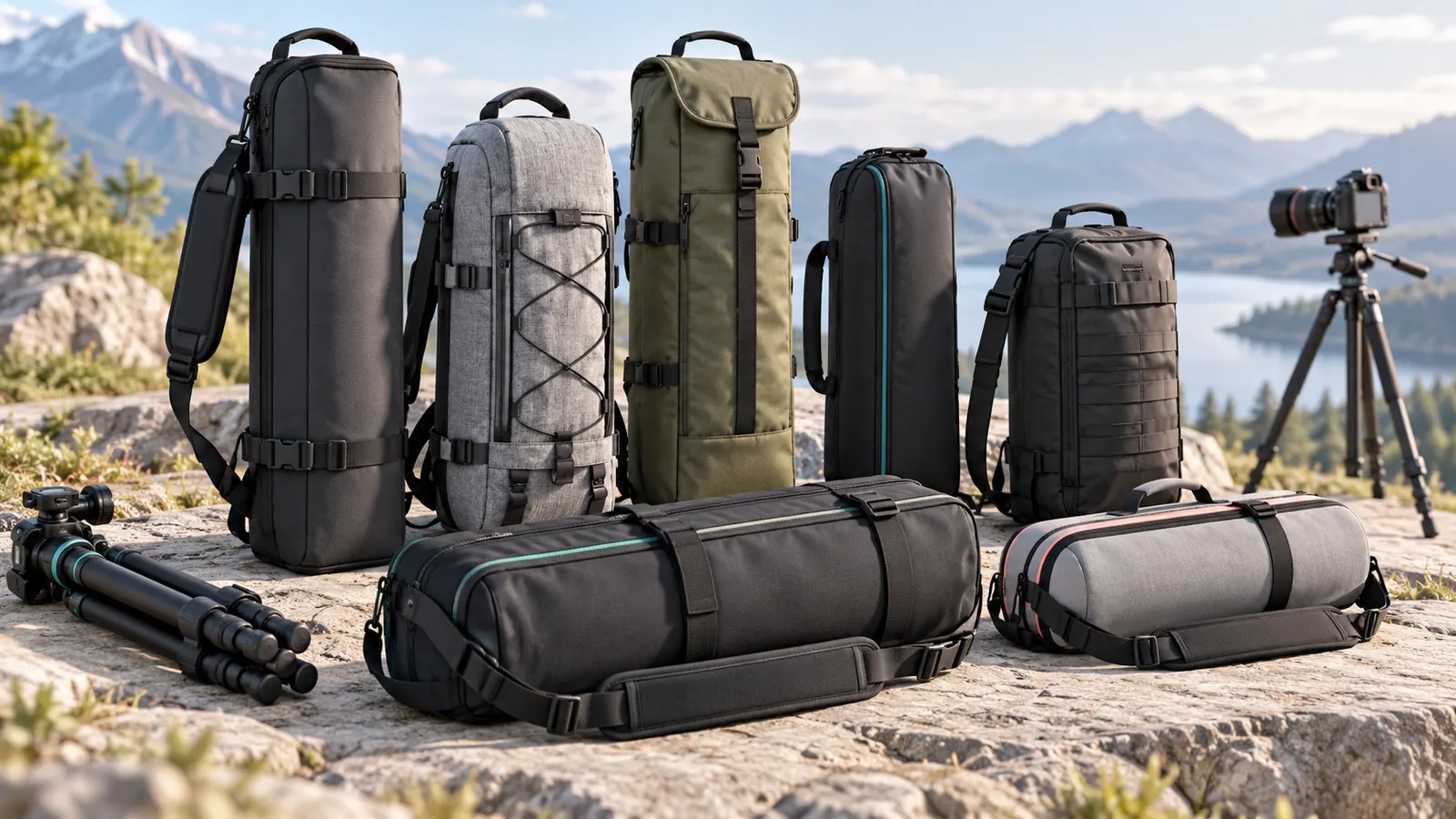 Concept illustration of padded tripod carrying bags beside a folded tripod outdoors.
