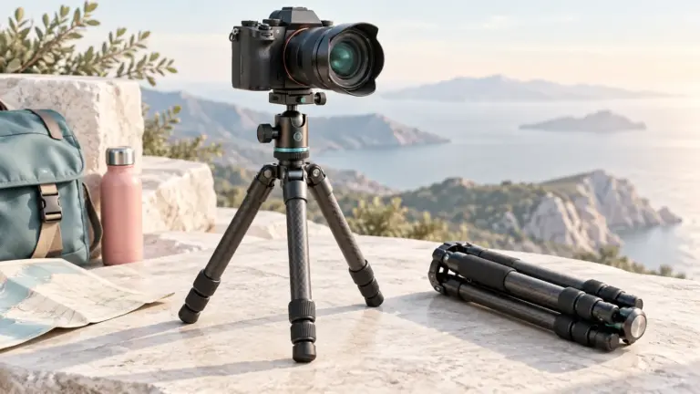 Concept illustration of a camera mounted on a compact tripod beside a folded travel tripod.