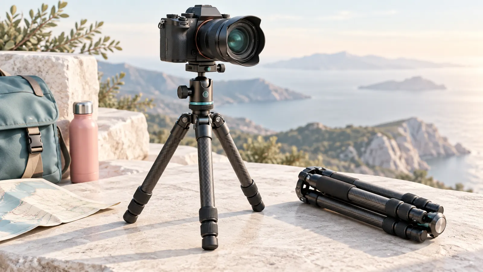 Concept illustration of a camera mounted on a compact tripod beside a folded travel tripod.