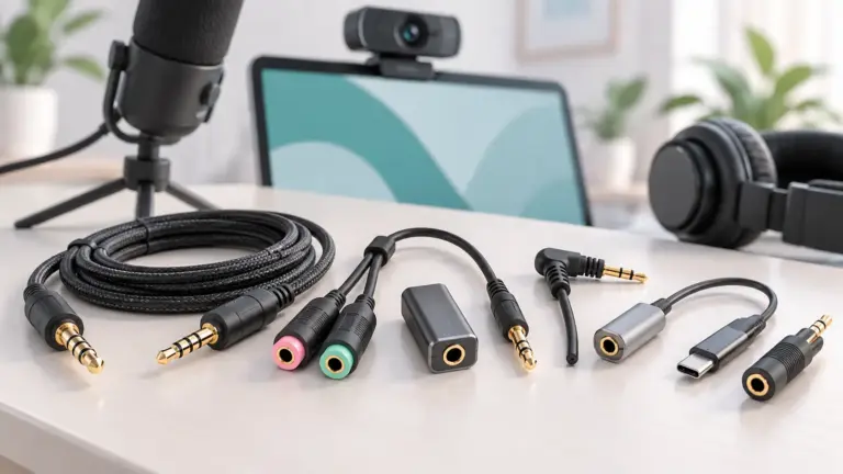 Concept illustration of microphone and headphone audio cables and adapters beside a laptop.