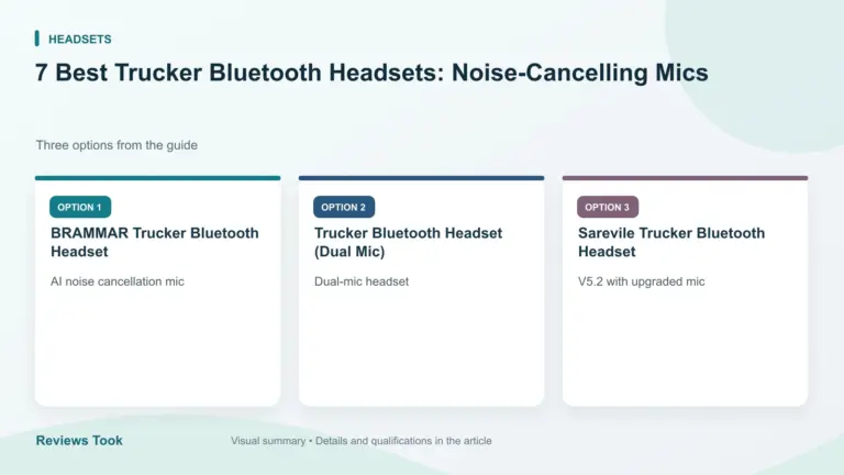 Comparison of three options: BRAMMAR Trucker Bluetooth Headset; Trucker Bluetooth Headset (Dual Mic); Sarevile Trucker Bluetooth Headset.