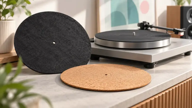 Concept illustration of felt and cork platter mats beside a record player.