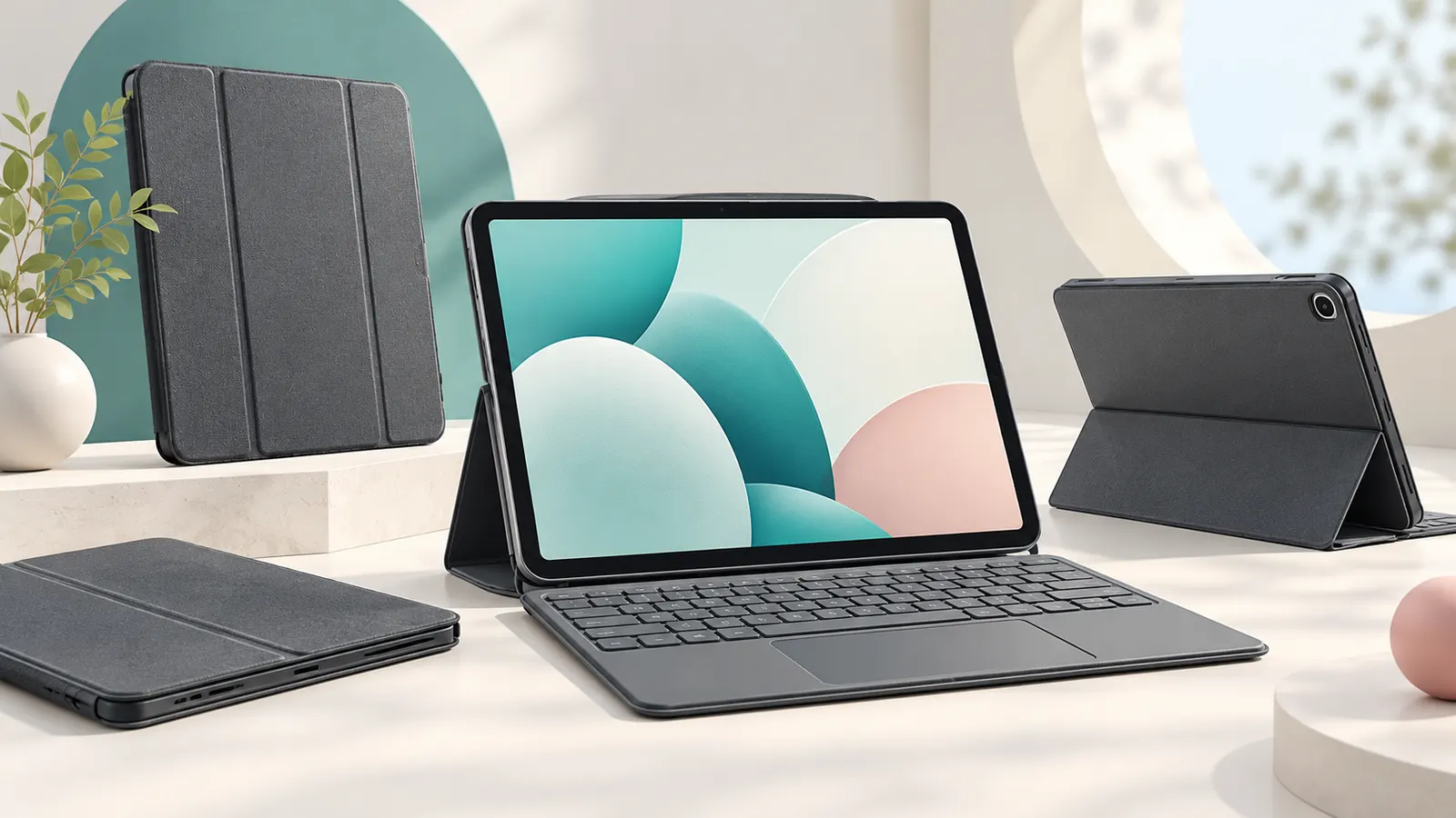 Concept illustration of an unbranded tablet with a detachable keyboard and protective folio case.