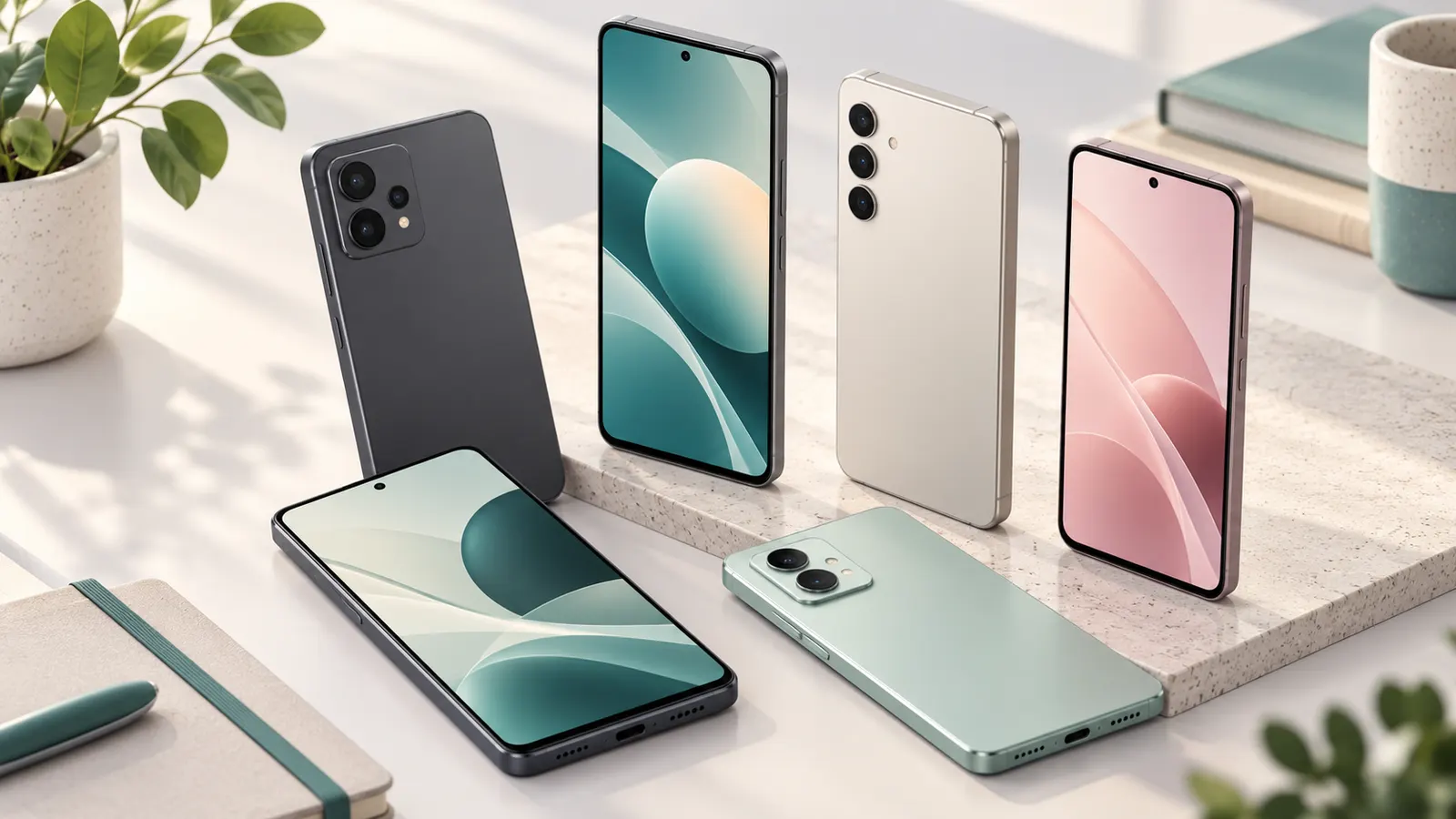 Concept illustration of unbranded modern Android-style smartphones on a clean desk.