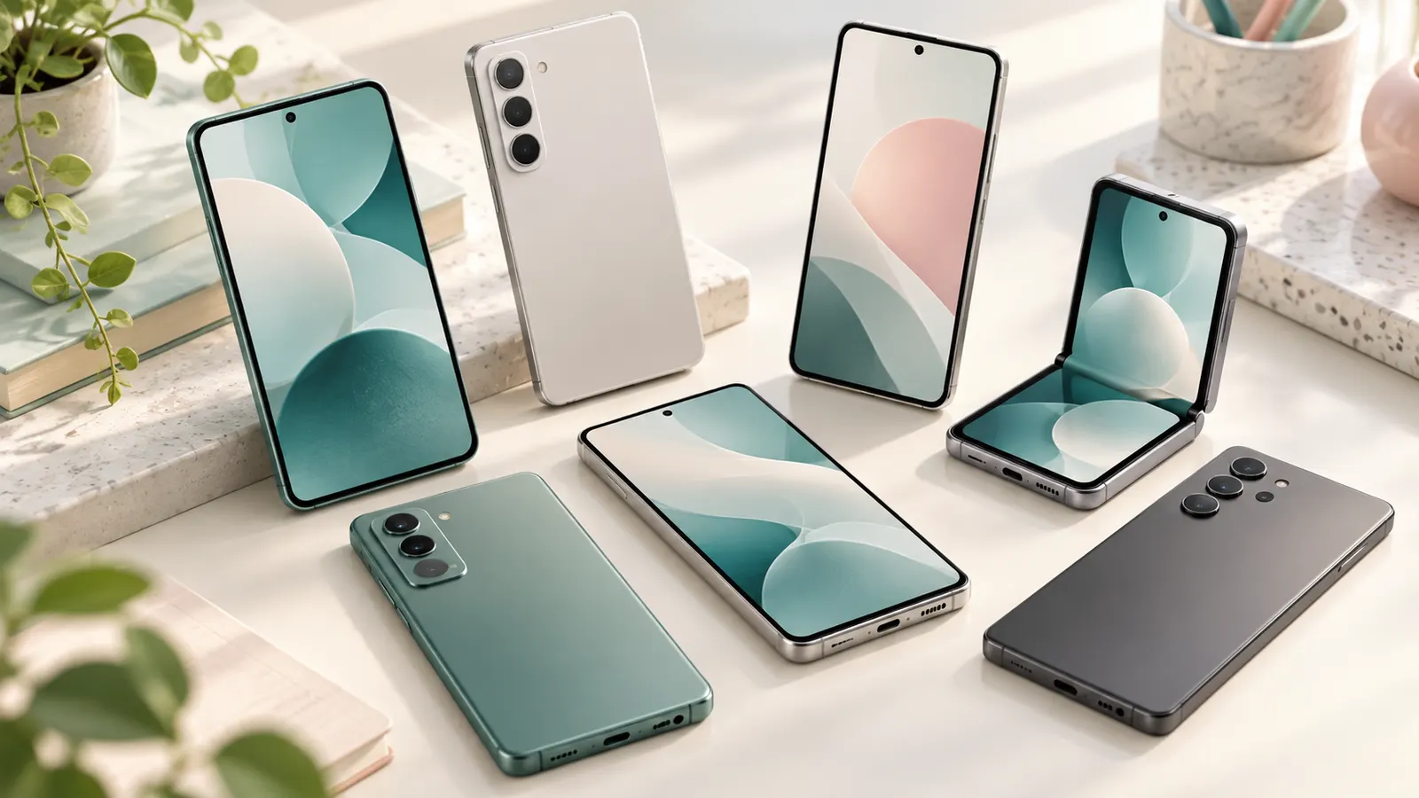 Concept illustration of unbranded modern Android-style smartphones on a clean desk.
