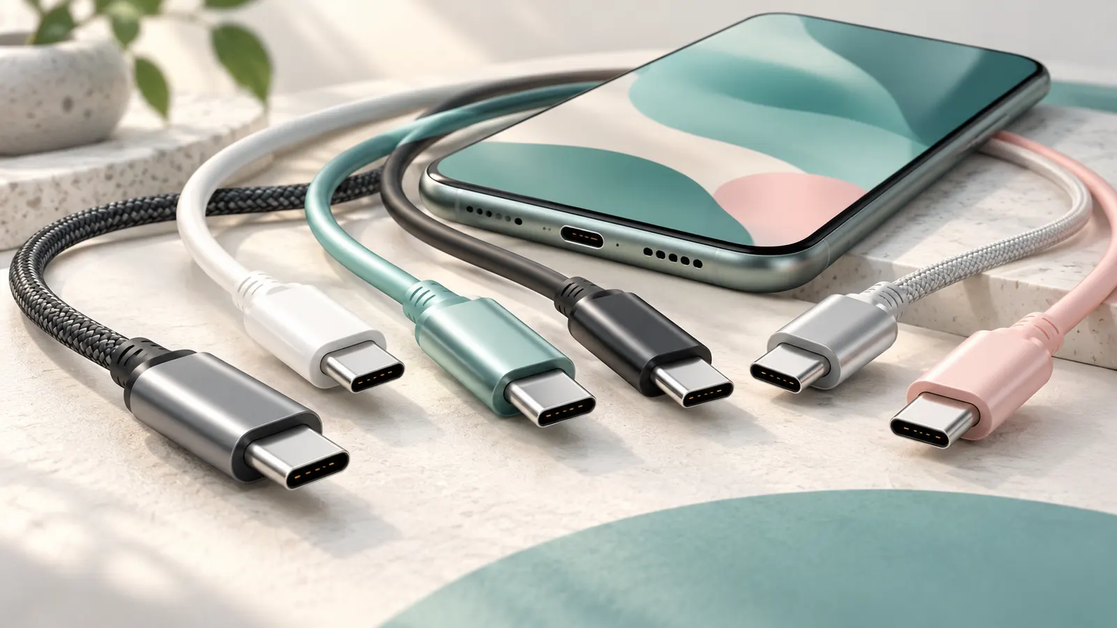 Concept illustration of USB-C charging cables with clearly formed connectors beside a smartphone.