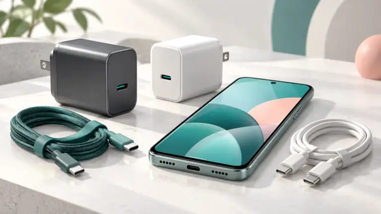 Concept illustration of USB-C wall chargers and charging cables beside a smartphone.