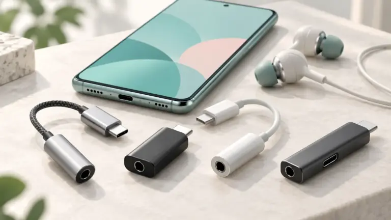 Concept illustration of USB-C audio adapters beside a smartphone and wired headphones.
