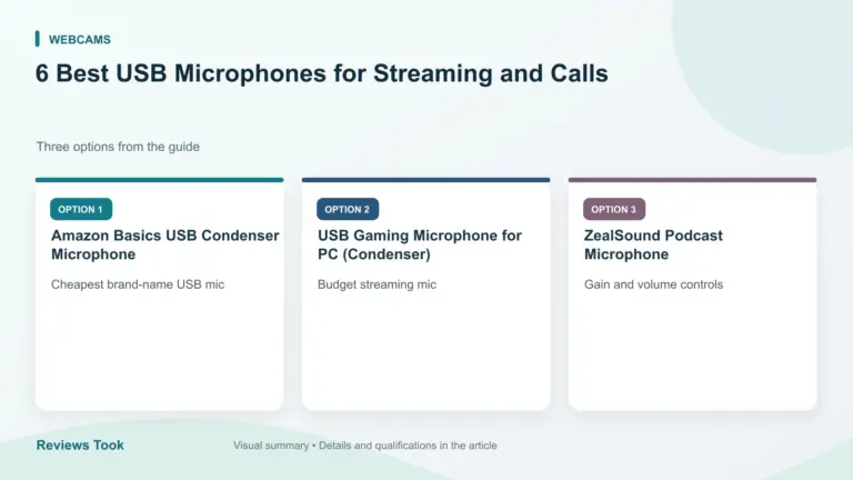 Comparison of three options: Amazon Basics USB Condenser Microphone; USB Gaming Microphone for PC (Condenser); ZealSound Podcast Microphone.