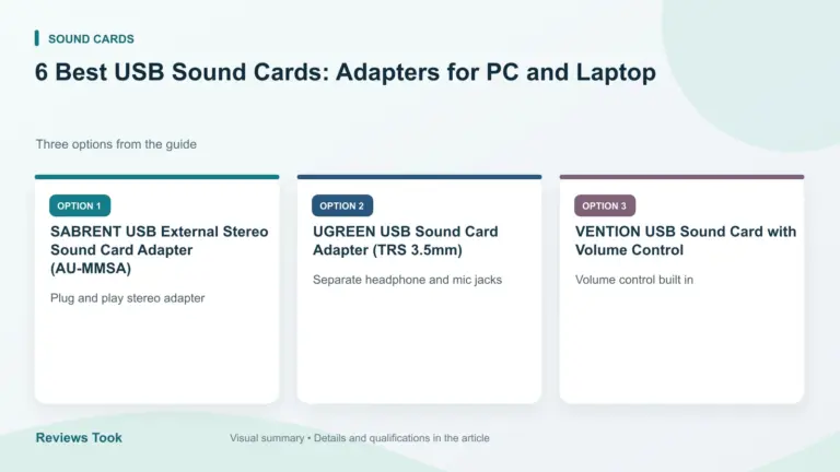 Comparison of three options: SABRENT USB External Stereo Sound Card Adapter (AU-MMSA); UGREEN USB Sound Card Adapter (TRS 3.5mm); VENTION USB Sound Card with Volume Control.