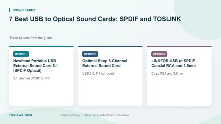 Comparison of three options: Newfame Portable USB External Sound Card 5.1 (SPDIF Optical); Optimal Shop 6-Channel External Sound Card; LiNKFOR USB to SPDIF Coaxial RCA and 3.5mm.